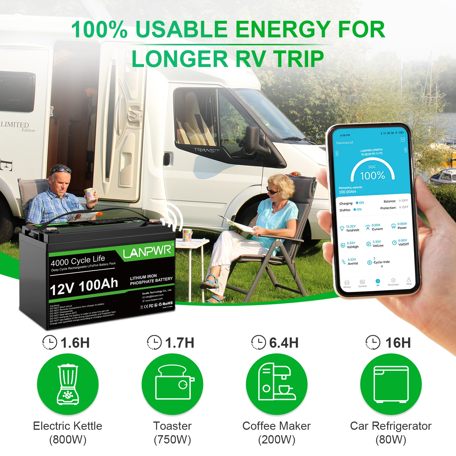 EU Stock Bluetooth5.0 12V 100Ah LANPWR LiFePO4  Battero Deep Cycle Lithium Iron Phosphate batteries100Ah 24V 12V EV Battery