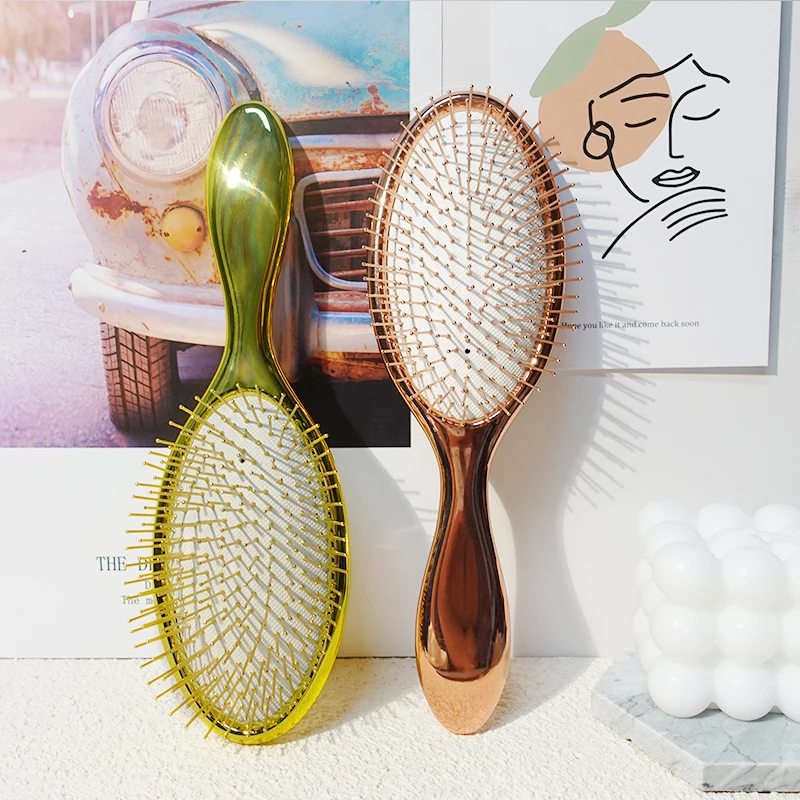 New Design Metal Pins Bristle Wig Brush Round Paddle Detangling Electroplating Hair Brush Curved Metal Pins Hair Brush