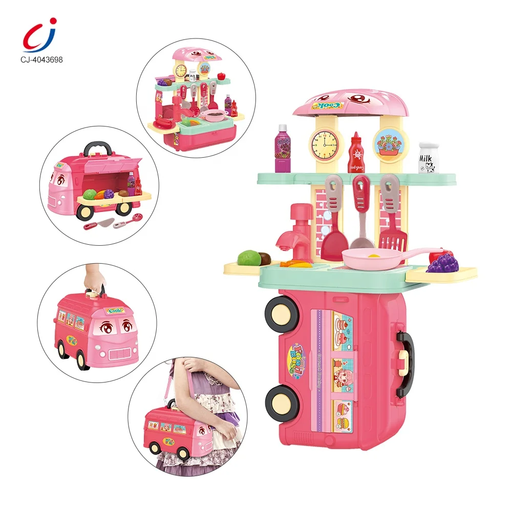 Chengji luxury kitchen toys pink deformation bus set girls 5 in 1 pretend playing cooking game play house tableware toys