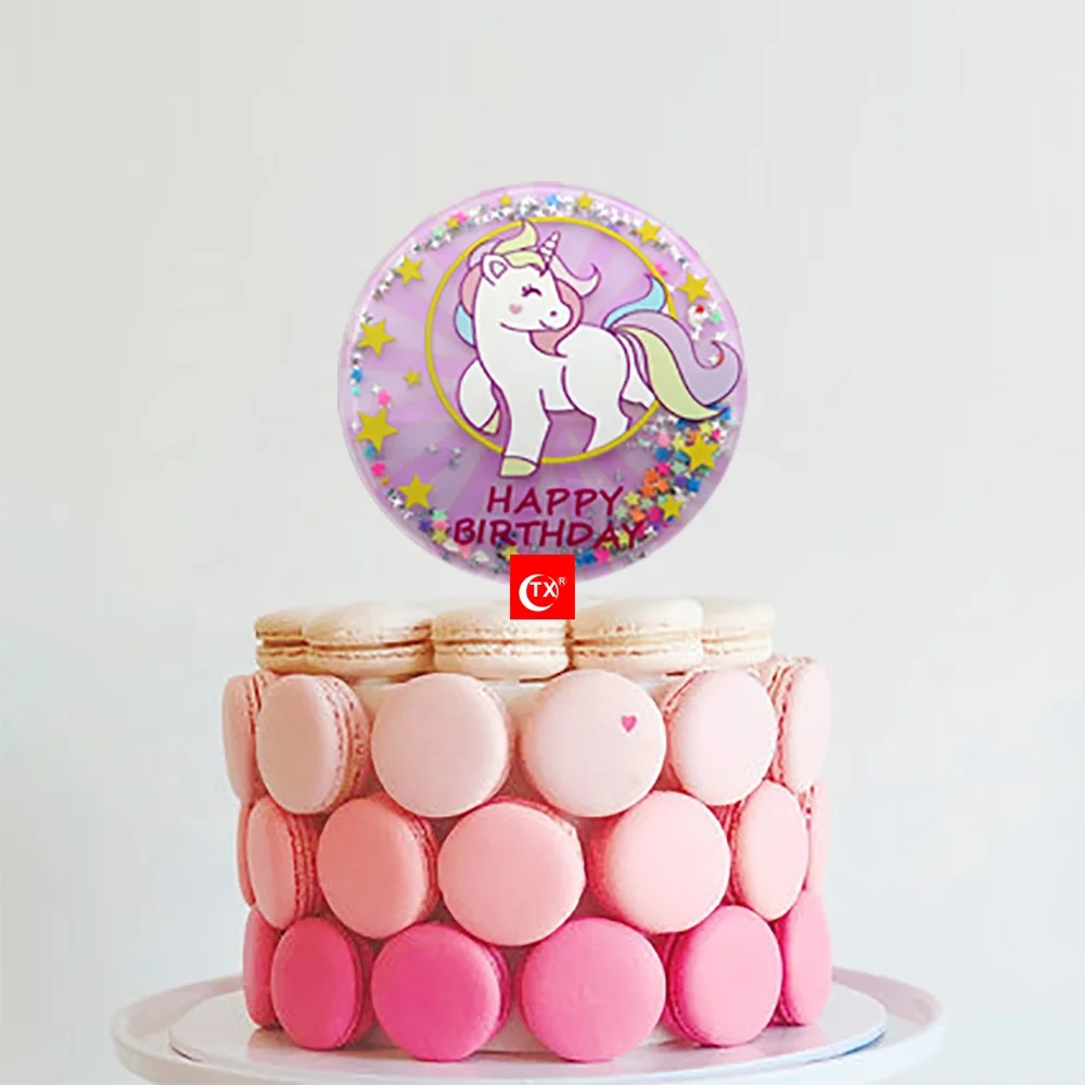 
TX Unicorn Rainbow Stars Smile Fun Pink Shake Shiny Moving Quicksand Acrylic Cake Topper For Kids Party Decorations Supplier 