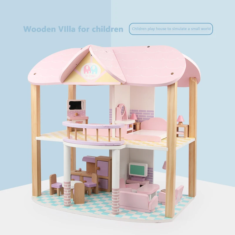 Kids Pretend Play Family Miniature Pink Dolls House Wooden Furnitures Toy Set Children Furniture Sets Bedroom Modern
