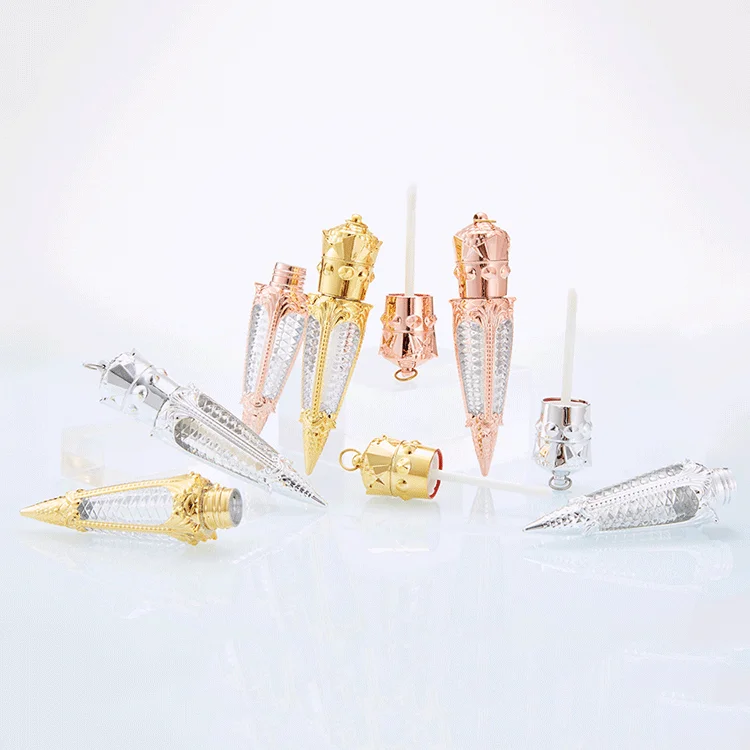 5ml empty plastic packaging cosmetic rose lipgloss gold crown / carrot shaped lip gloss tube container with wands