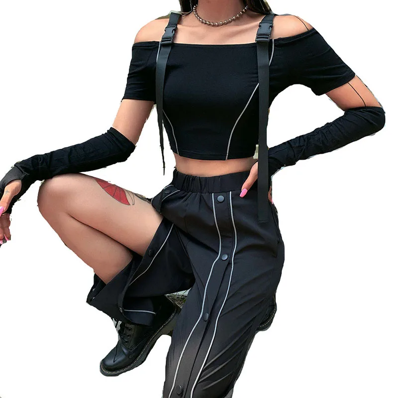 
Reflective Strip Patchwork Pants Woman Fashion Casual Button Trousers Hip Hop Streetwear Female Clothes Open Up Jogging Pant 