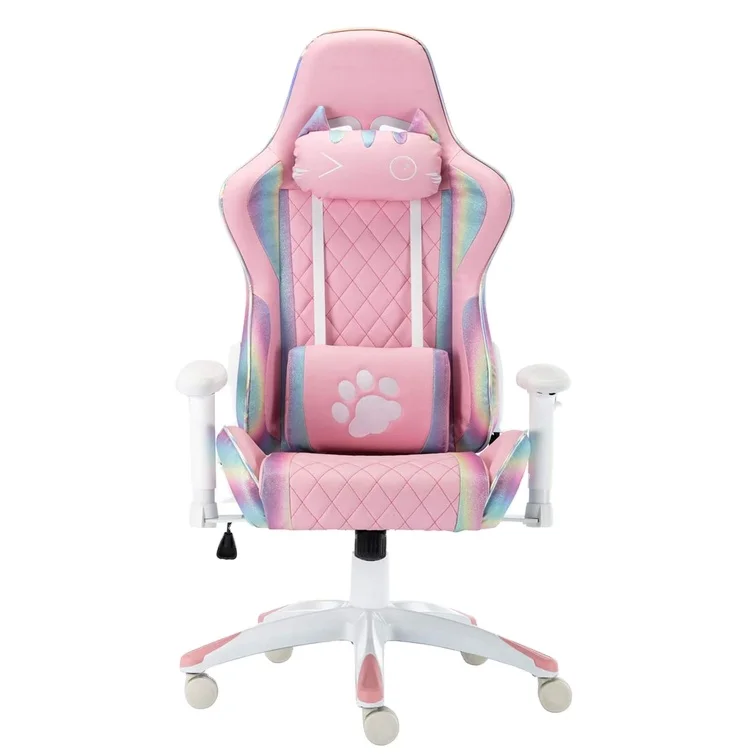 2024 новый милый розовый игровой стул компьютерный гоночный с кошачьим подголовьем и поясничной подушкой