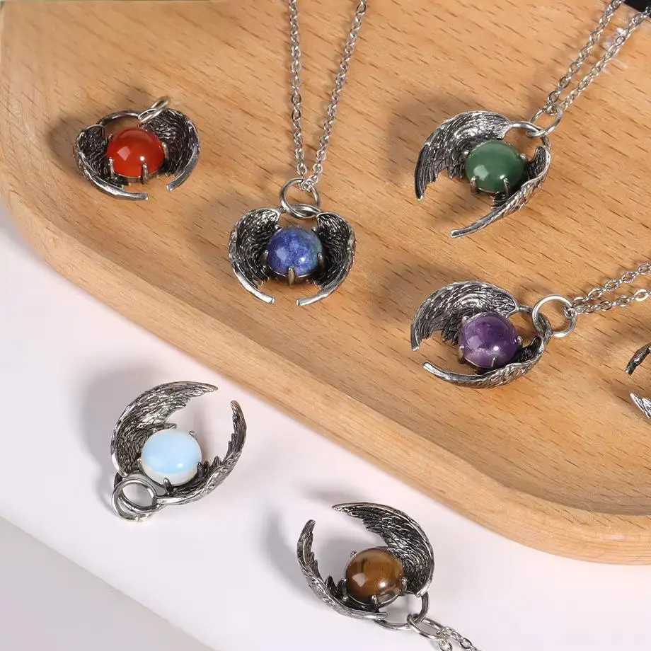 26mm Natural Gemstone Cabochon Bead Silver Metal Angel Fly Wings Pendant Stainless Steel Chain Necklace Women Crystal Jewelry