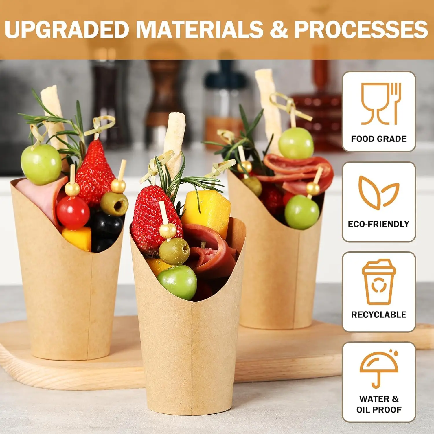 Custom Printed Logo Paper Popcorn Sandwich Ice Cream Holder Cup  Kraft Paper Container For Wedding Party Food Cones