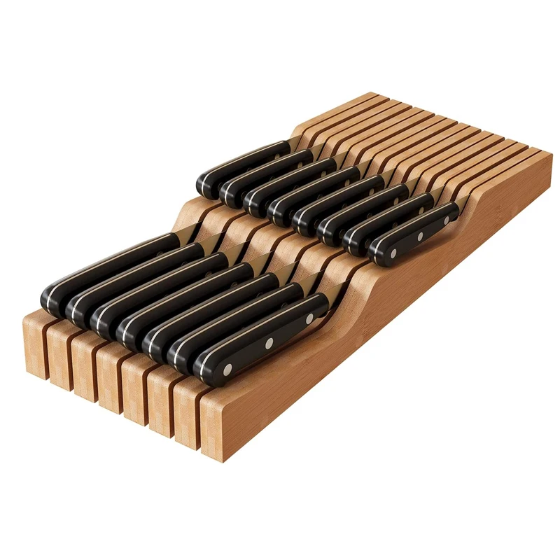 Drawer Bamboo Knife Block,knife drawer organizer,knife holder holds up to 15 knives Kitchen Drawer Organizer Tray for Knives