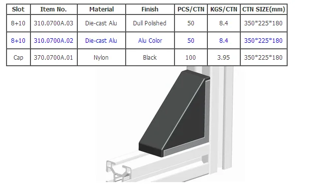 profile accessories 310.07/370.07 Die-cast Alu corner bracket with nylon cap Sample available