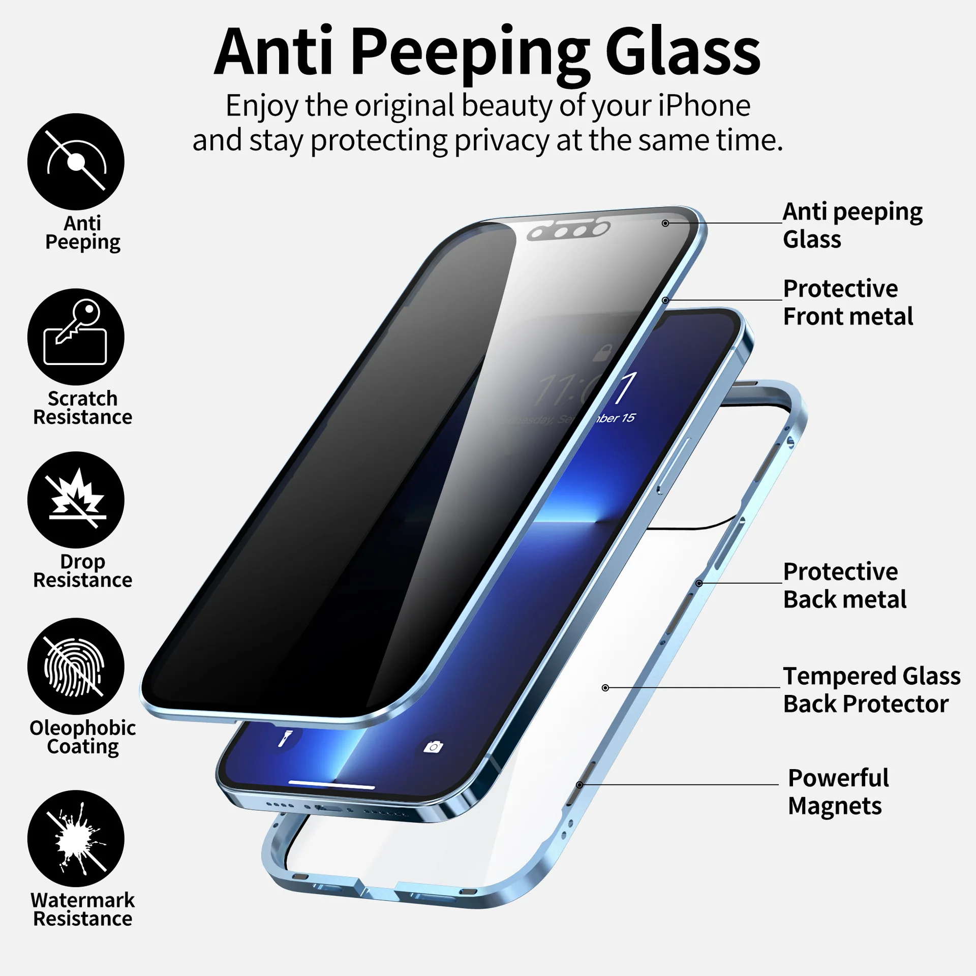 Anti Peep Privacy Case for iPhone 14 13 12 with Tempered Glass Anti Spy Magnetic Metal Bumper Full Cover Protective Phone case