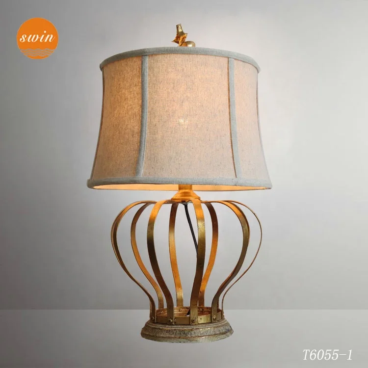 Modern decorative antique royal crown wrought iron table lamp linen shades made in china