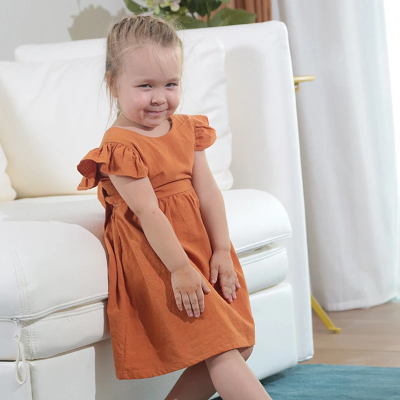New arrivals kids summer dress cotton linen ruffle sleeveless kids princess party toddler girls clothing
