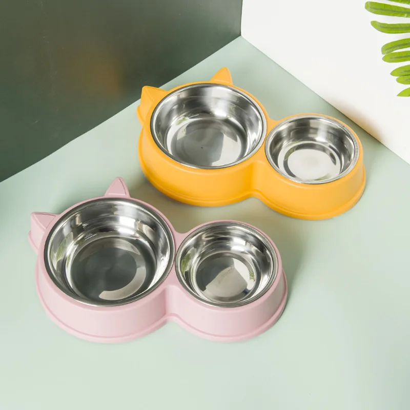 Four color wholesale cat ear design cats and dogs household double bowl pp kitten pet food drinking stainless steel double bowl