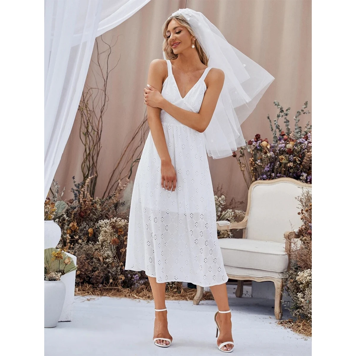 Новинка, высокое качество, элегантный производитель Shein, 100% хлопок, вырез на спине, шифоновое свадебное платье без вуали, вечернее Повседневное платье