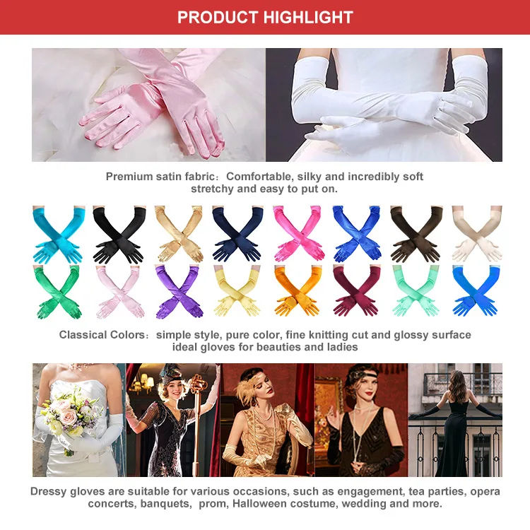 Wholesale Custom White Black Skin Silky Elegant Party Bridal Evening Opera Women Girls Elbow Length Long Satin Gloves