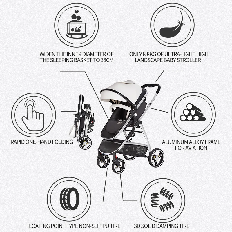 New Baby Stroller / Baby Carrier Foldable 3 in 1 Baby Pram / Foldable Luxury Travel Stroller Baby Walker Stroller