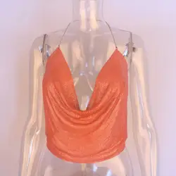 Топ женский с блестками и глубоким V-образным вырезом, пикантный укороченный топ на бретелях с цепочкой и лямкой на шее, для ночного клуба