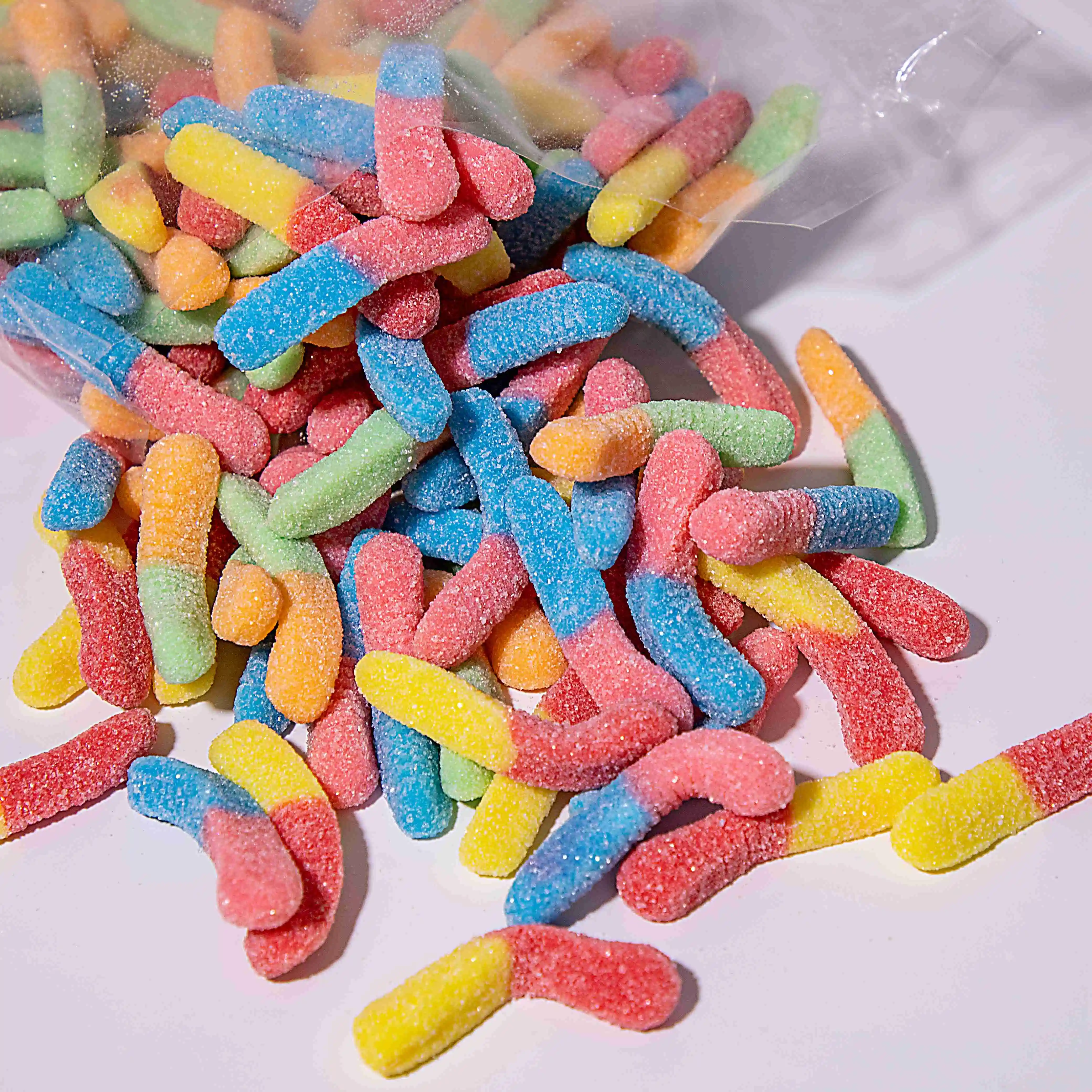Wholesale bulk halal Gummy worm shaped Soft Candy Chewy in Custom Bottle