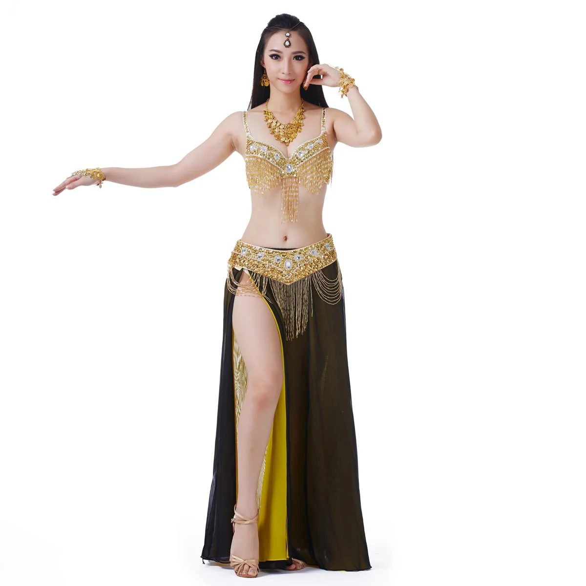 Hot Sale Hight Quality Women Girls Practice Costume Fringe Bra Chiffon Skirt Belly Dance Set