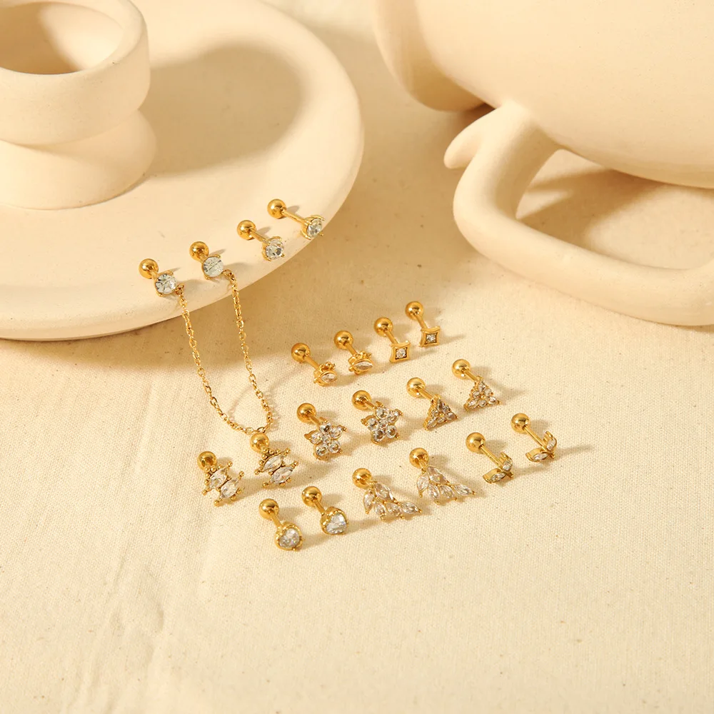 Trendy Unique 18k Gold Plated Stainless Steel Stackable Diamond CZ Piercing Screw Back Stud Earrings for Women Girls