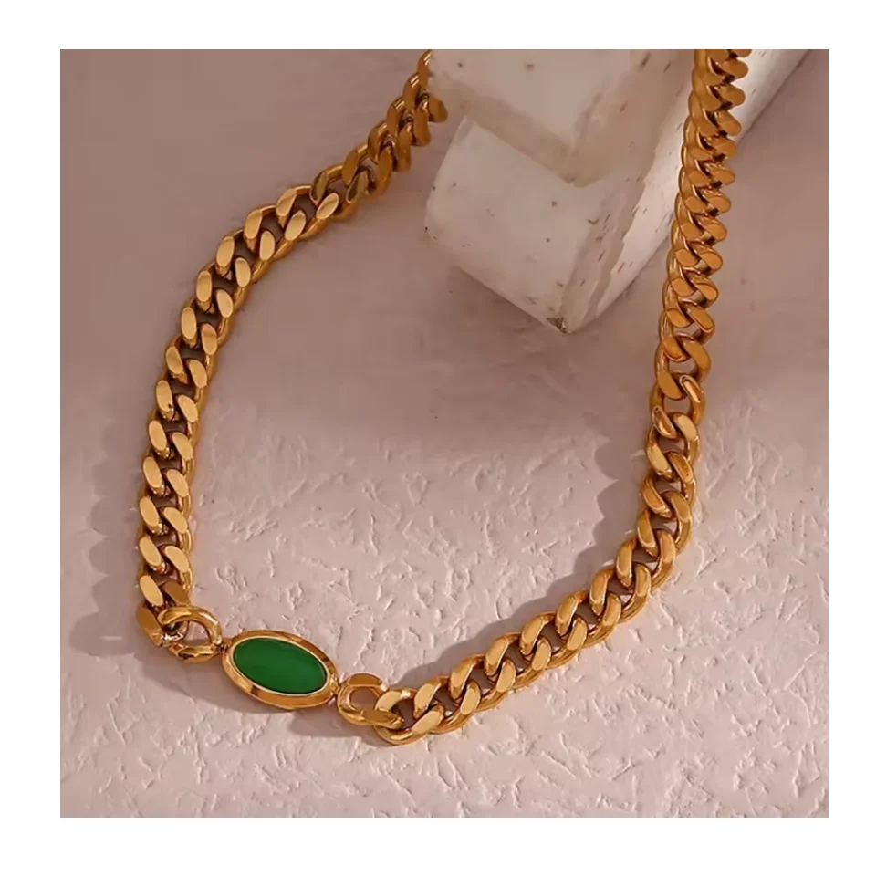 Custom Tarnish Free 18K Gold Plated Cuban Chain Choker Necklace Stainless Steel Gemstone Charm Necklace