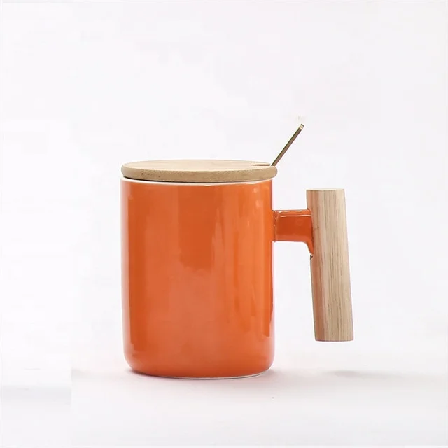 gift box porcelain coffee mug ceramic cup with wooden handle wooden lid and metal spoon capacity 400ml ceramic cup set
