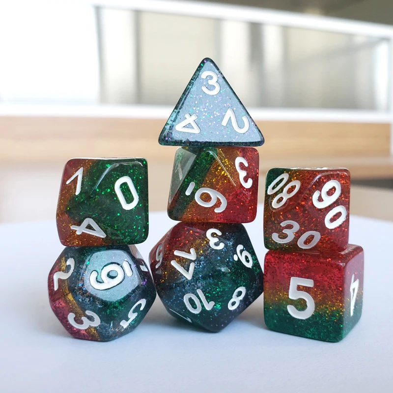 Custom Logo RPG DND Polyhedral Glittering Resin Dice New Design Multiple Layers Colored Bulk Dice Set of 7pcs