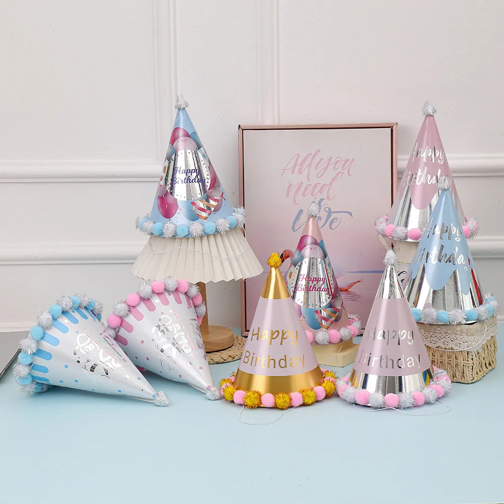 Cream Colored UV Printed Party Paper Hat Reflective Laser Birthday Party Hat Creative Pointed Ball Hat