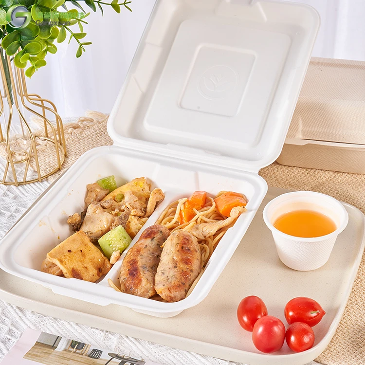 Custom Eco Friendly Biodegradable Sugarcane Boxes Bagasse Food Container Disposable Tableware Clamshell Takeout Lunch Food Box