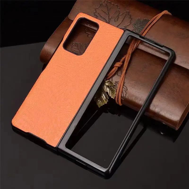 Unique pu leather phone case for  Samsung Galaxy Z Fold 2 Retro Lychee Pattern Folding Screen Hard PC Cover