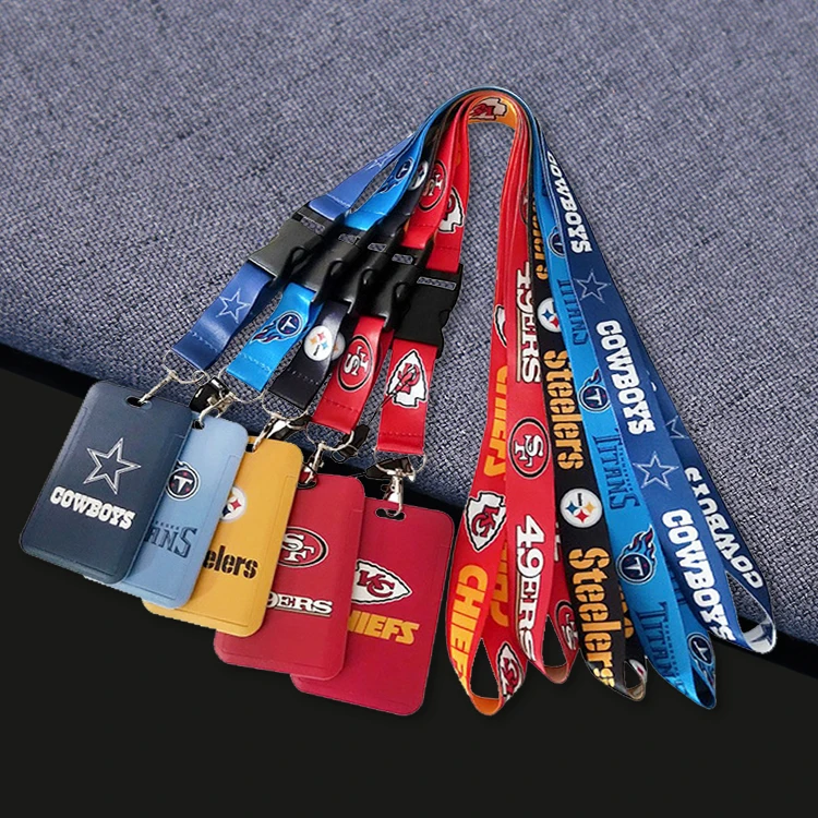 Design social worker heat press transfer sublimation automatic lanyard with leather id card holder