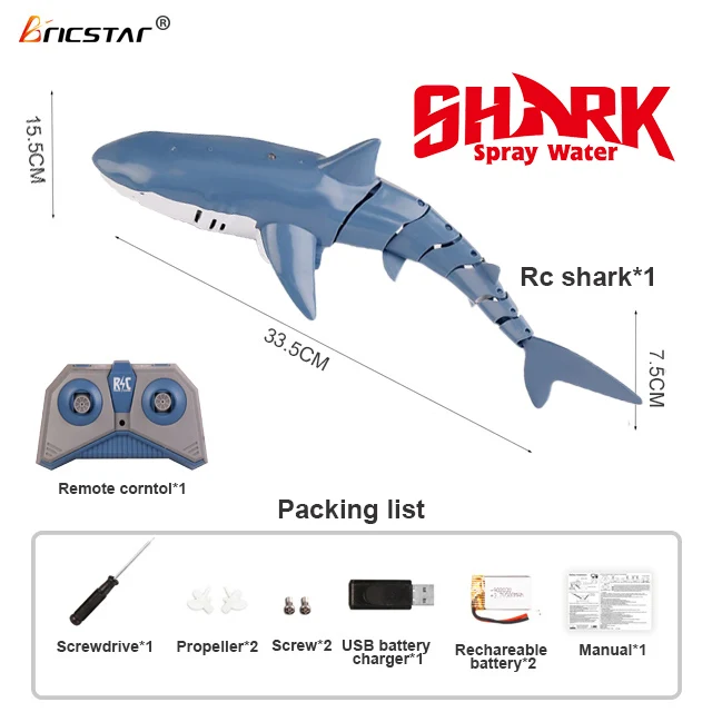 Bricstar High quality Full Function waterproof 2.4G Remote control shark toy with spray water and light