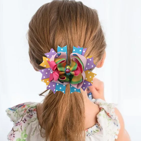 Spring Summer Collection Colorful Girls Hair Bow Cow Print Polka Dot Print Rainbow Bottle Cap Kids Girls Hair Accessories