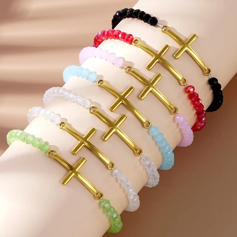 Hot Selling 18K Gold Cross Charm Bracelet Charm Elastic Adjustable Black Crystal Beads Bracelet Bohemian Jewelry