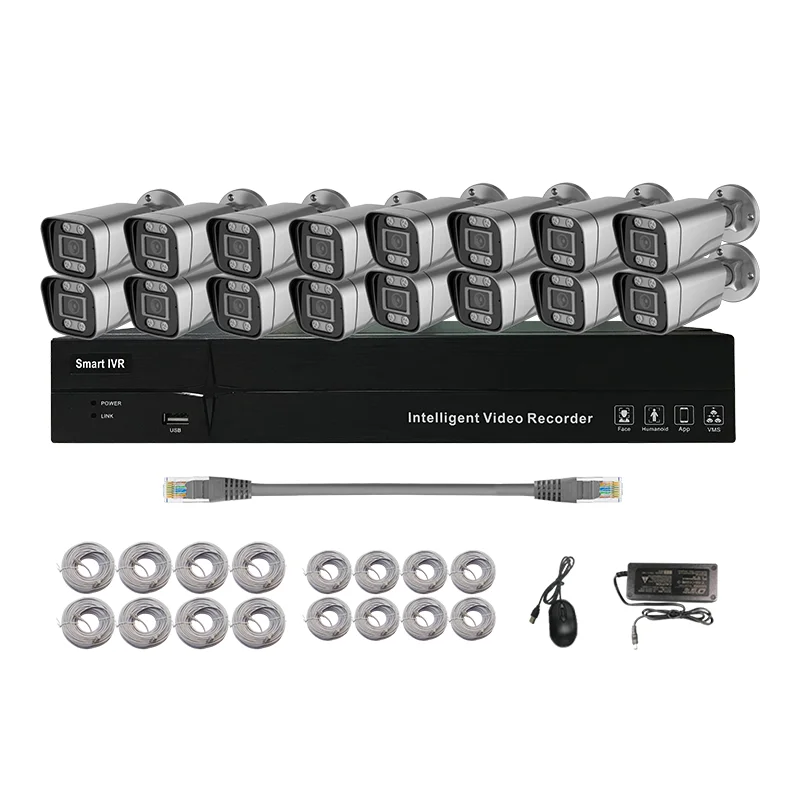 16 каналов 4K 8 Мп IP-камеры комплект Двусторонней Аудио Интеллектуальная цилиндрическая сетевая камера видеонаблюдения Водонепроницаемая ИИ POE NVR Kit