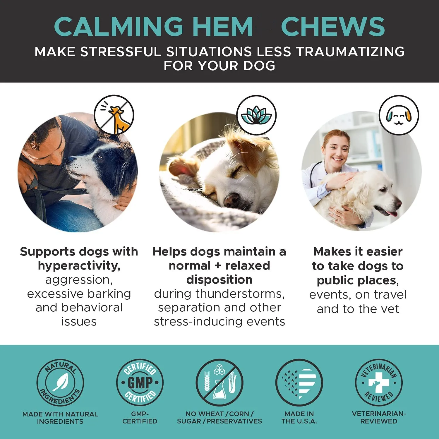 Hanyun Hem Calming Chews for Dogs All Natural Soothing Snacks with Hem Valerian Root Stress & Dog Anxiety Relief