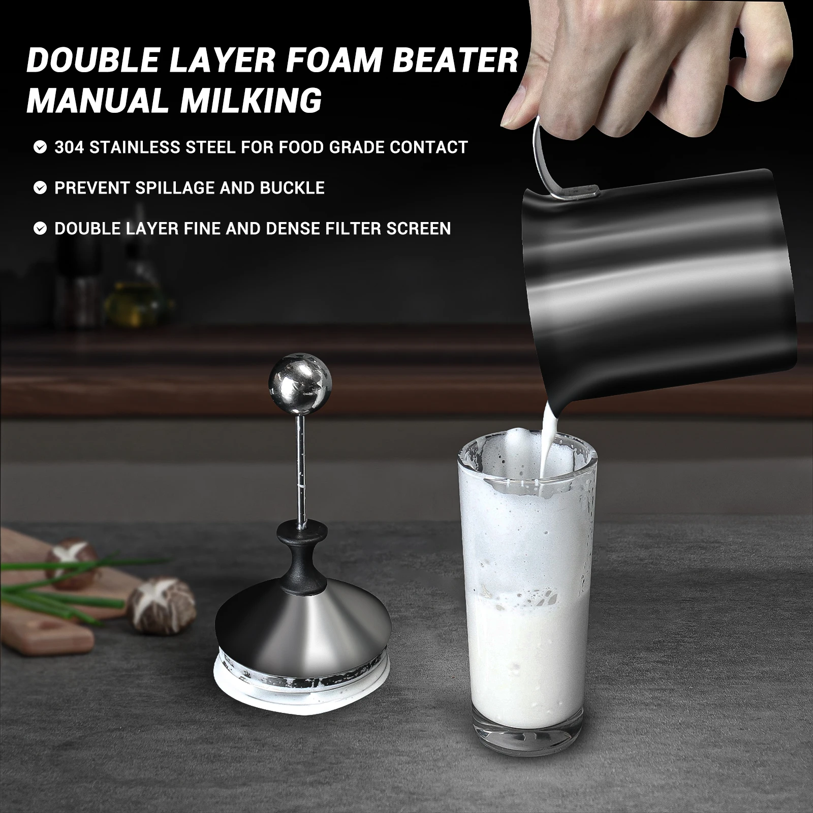 2024 New Products 400ml 800ml Stainless Steel Manual Milk Filter Coffee Foam Maker With Pitcher Cup Handheld Milk Foamer