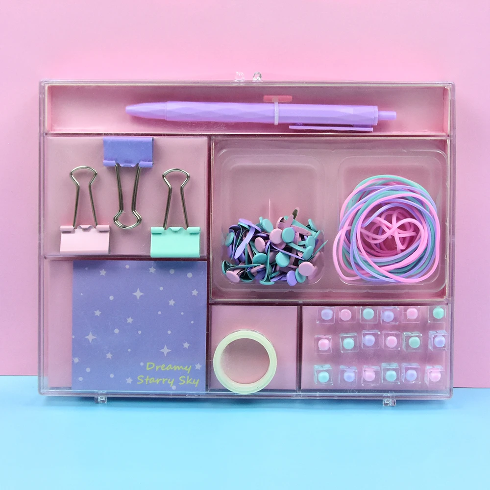 HUIRONG Colorful Ballpoint Pen Sticky Note Paper Fastener Brads Cube Push Pins Washi Tape Rubber Bands Stationery Set