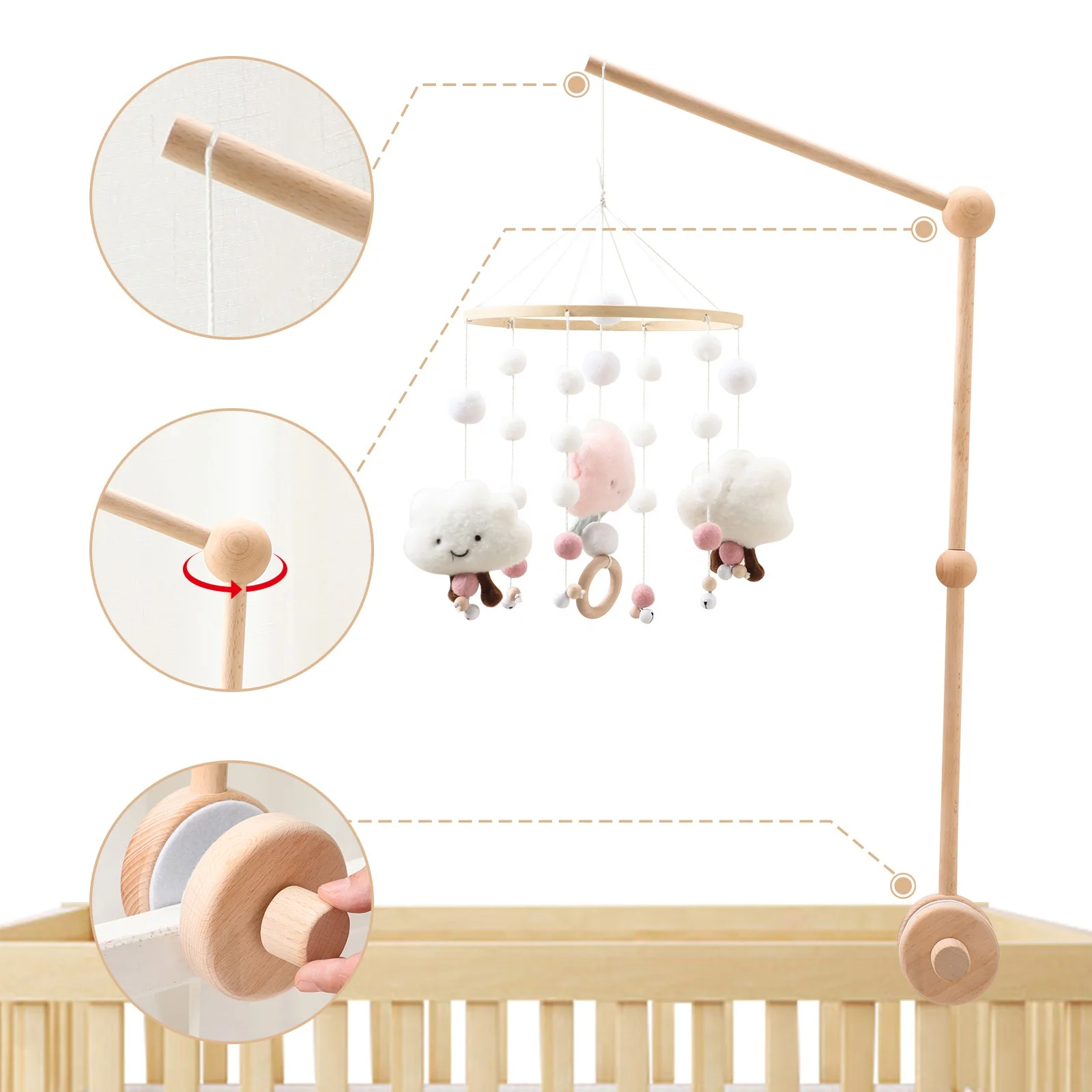 Wooden Bed Bell Bracket Flexible adjustable Baby Bed Bell Holder Extension Tool Baby Bed Bell Baby Mobile Frame