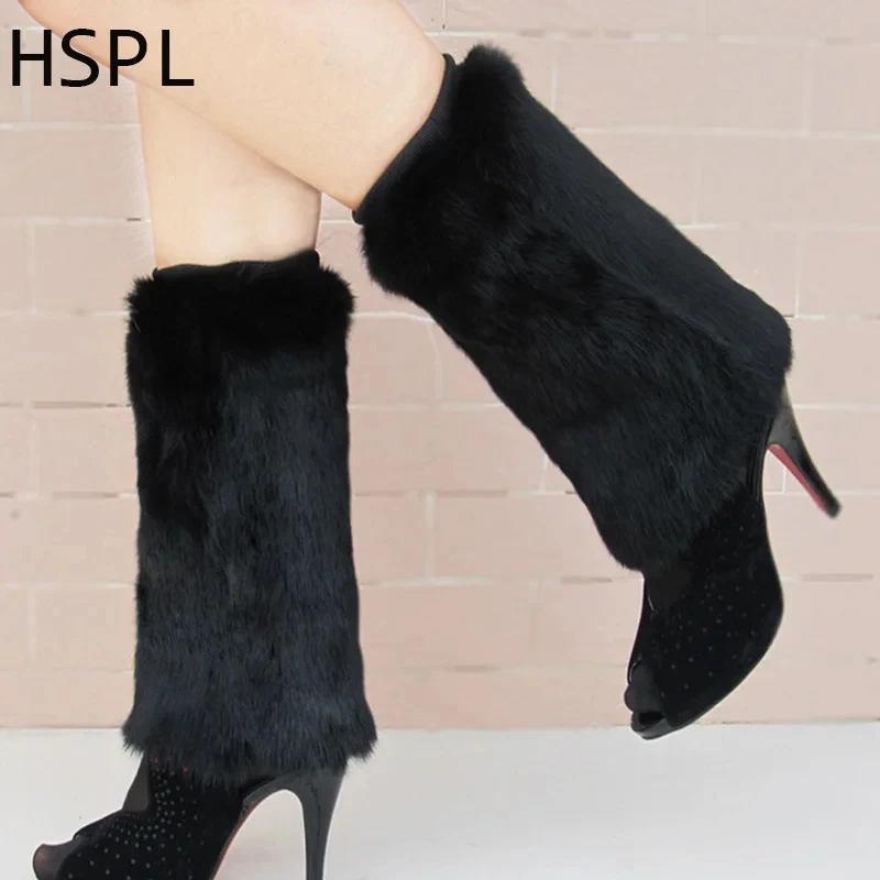 HSPL 2024 Fashion Hot Sale Genuine Rabbit Fur Full Pelt Leg Warmer Women in winter Warm Winter Female Knee Pads Knee Brace