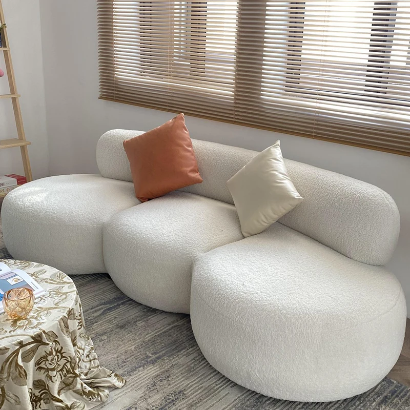 White Boucle Curved Couch Hot Dog velvet fabric sectional sofa hallway rest Reception Room lounge lamb wool sofa chair chaise
