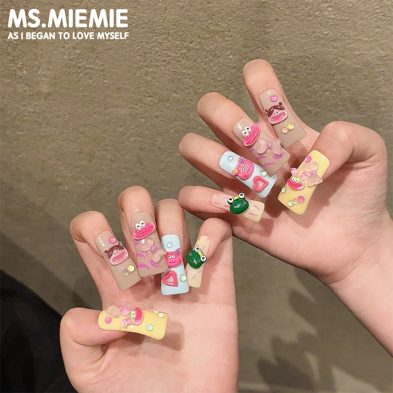 Ms.Miemie 10-Piece uck billed nail art dopamine plastic style big mouth colorful graffiti pure handmade wearable nail stickers