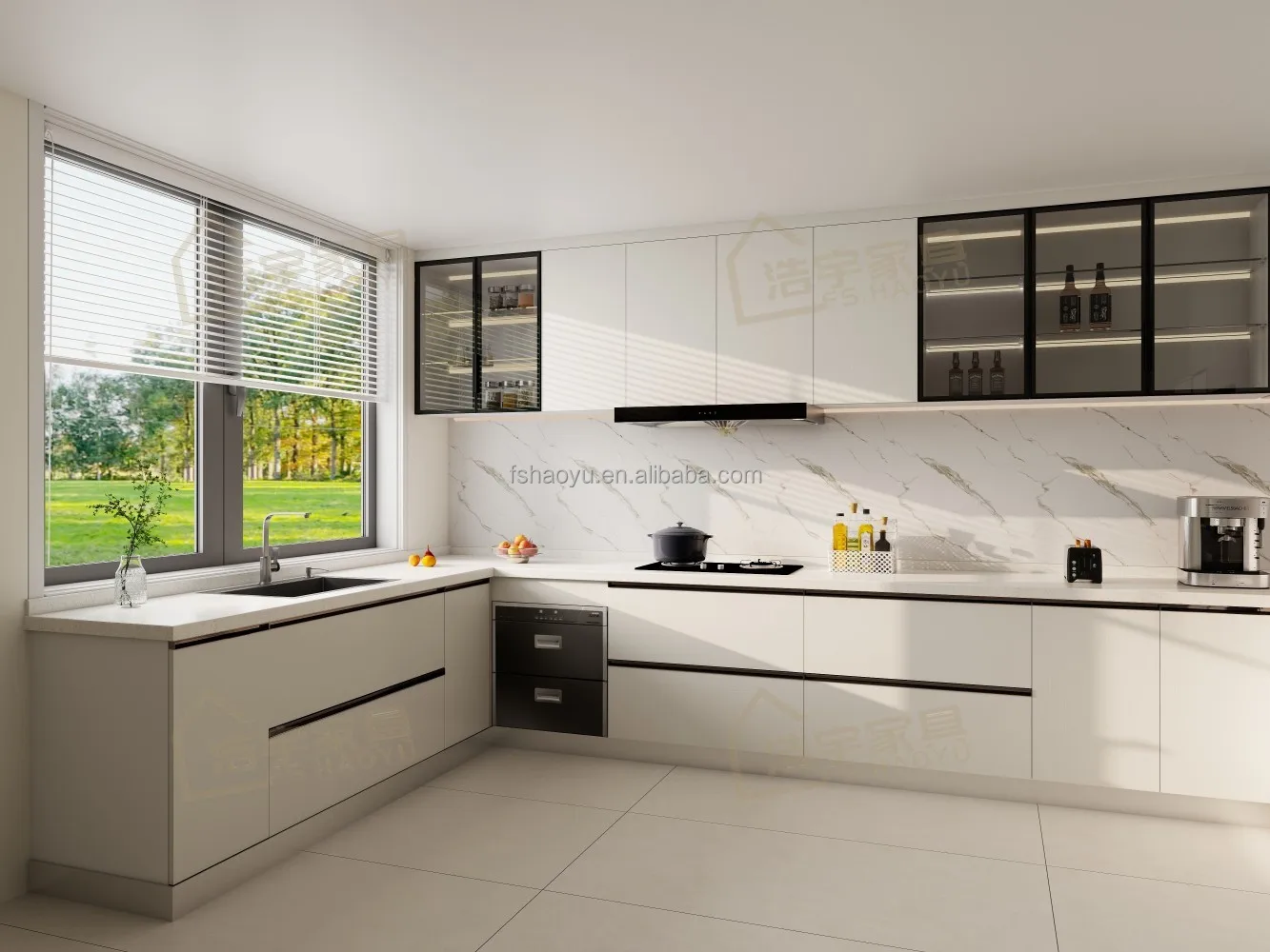 ready made Home Kitchen Cabinet Furniture High Quality Cheap Kitchen Cabinet with  mirror finish colored glass door