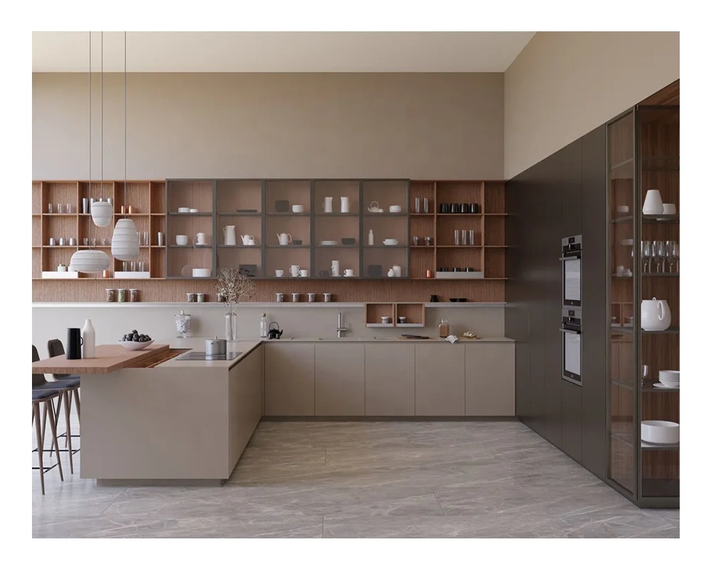 Wholesale Price High End Modern Design Wood Veneer Tinted Glass Pantry Door Luxury Italian Kitchen Cabinet