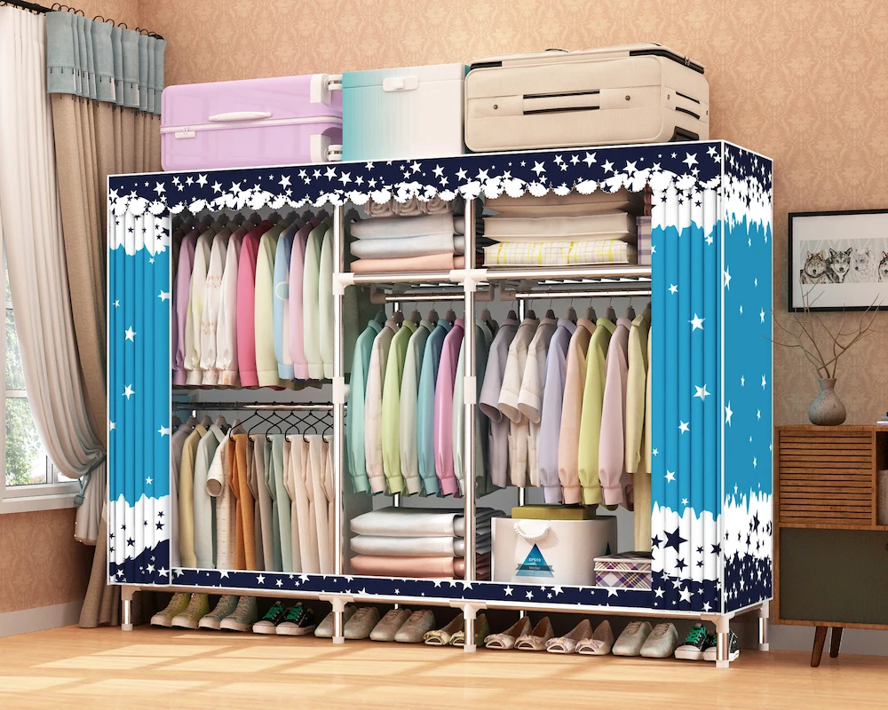 Folding Fabric Wardrobe Bedroom Furniture with PP Plastic Connectors 25mm Galvanized Tube 168cm Width Home Furniture Modern