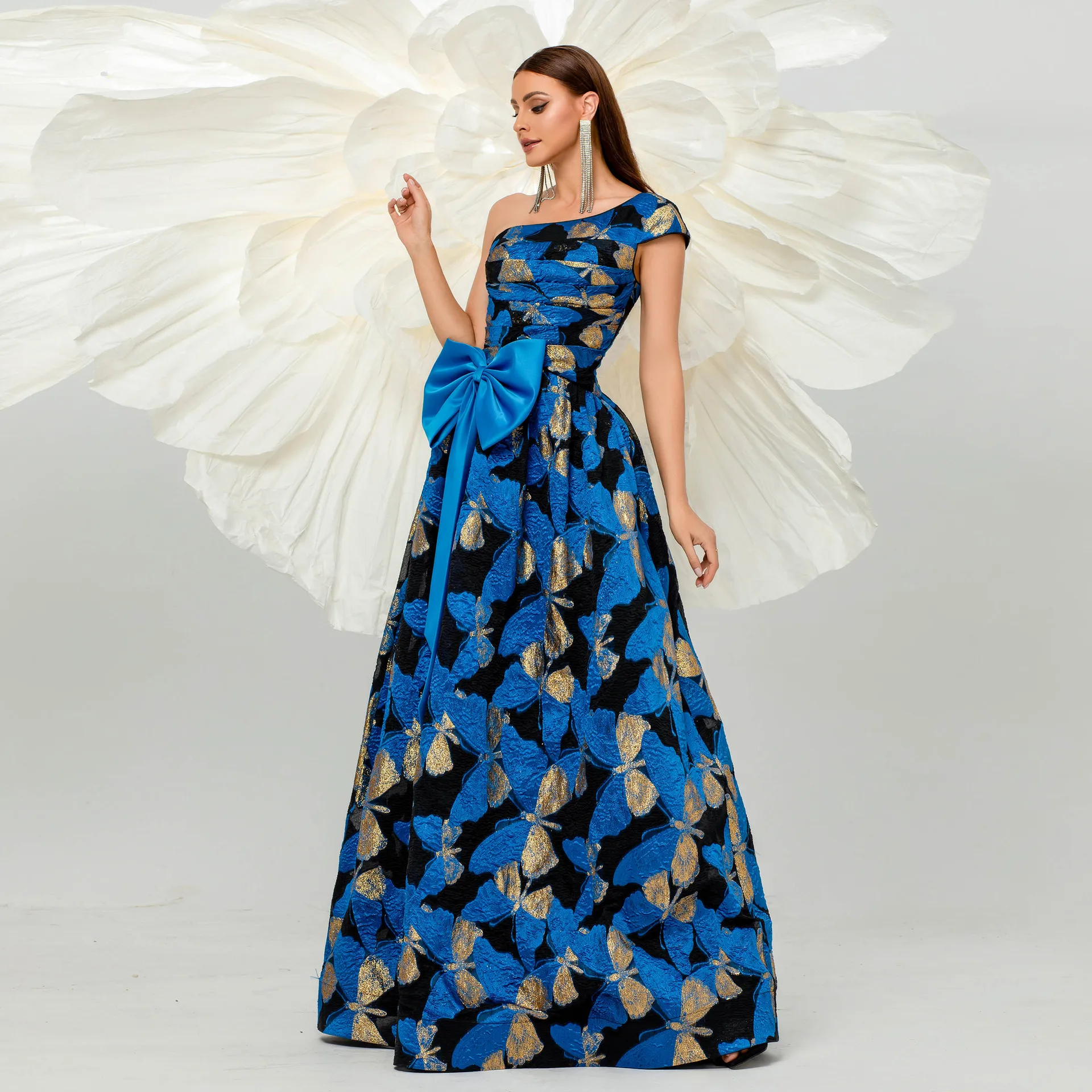 2025 Ladies Blue Summer Bandage Elegant Jacquard Ruffle One Shoulder Sleeveless Floral Empire Floor-Length Parties dress