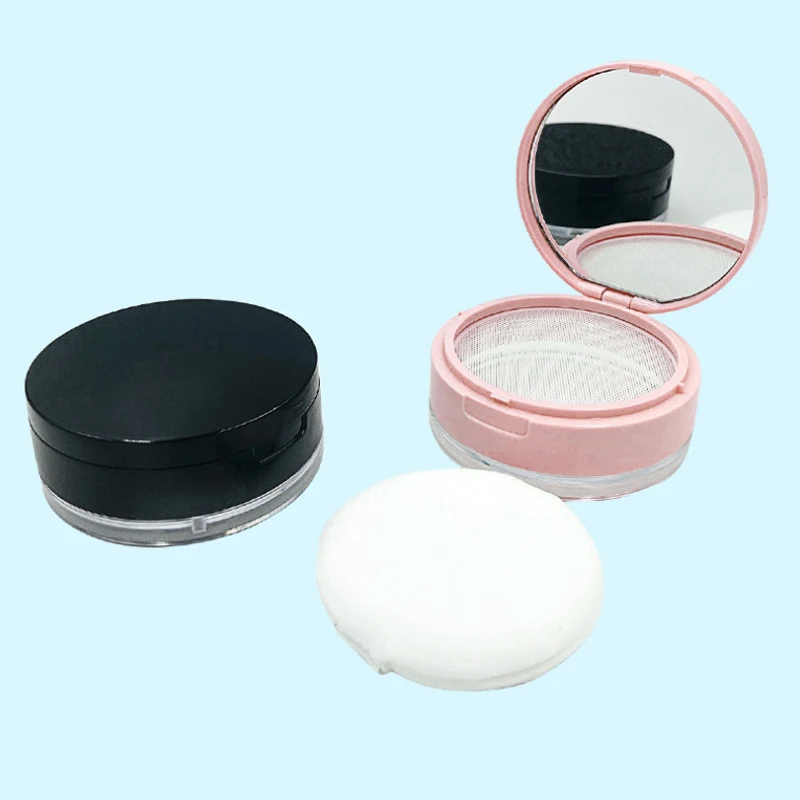 In Stock Pink Black Makeup Round Clear Empty Powder Packaging Container Case Box Plastic Loose Powder case Jar with Puff