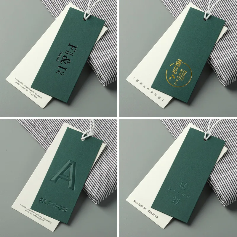 Luxury custom logo clothing hang tag green special paper embossed hot stamping hang tags recyclable swing hangtags custom