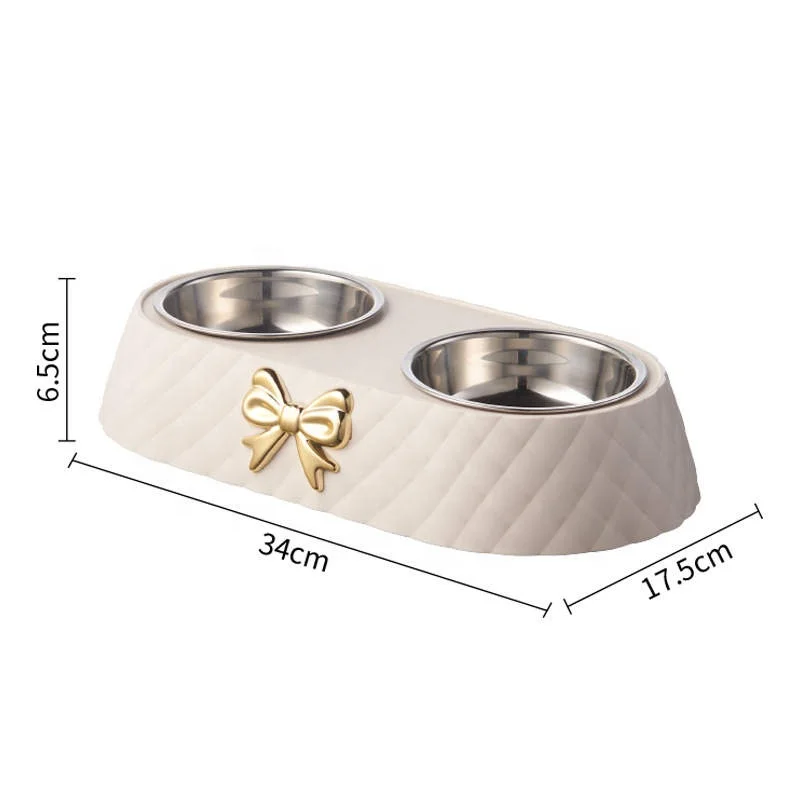 New Luxury Bow Knot Diamond Pattern with Stainless Steel Pet Double Bowls Cat Dog Food Utensilsmetal Pet Bowl