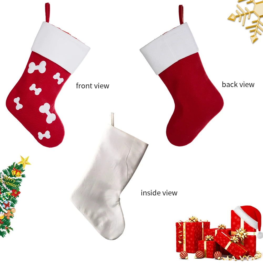 Natural Burlap Holidays Gift Bone Shaped Red and White Christmas Stocking with Hanging Hooks