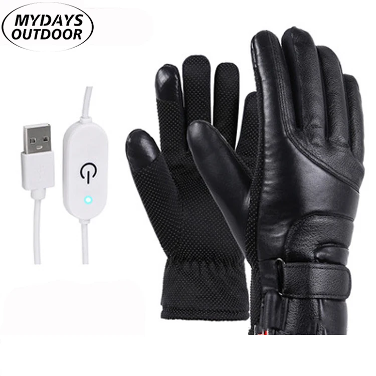 Mydays Tech Full Finger Touch Screen Leather Waterproof Heated Riding Gloves Outdoor Sports Heating Gloves Bicycle Glove